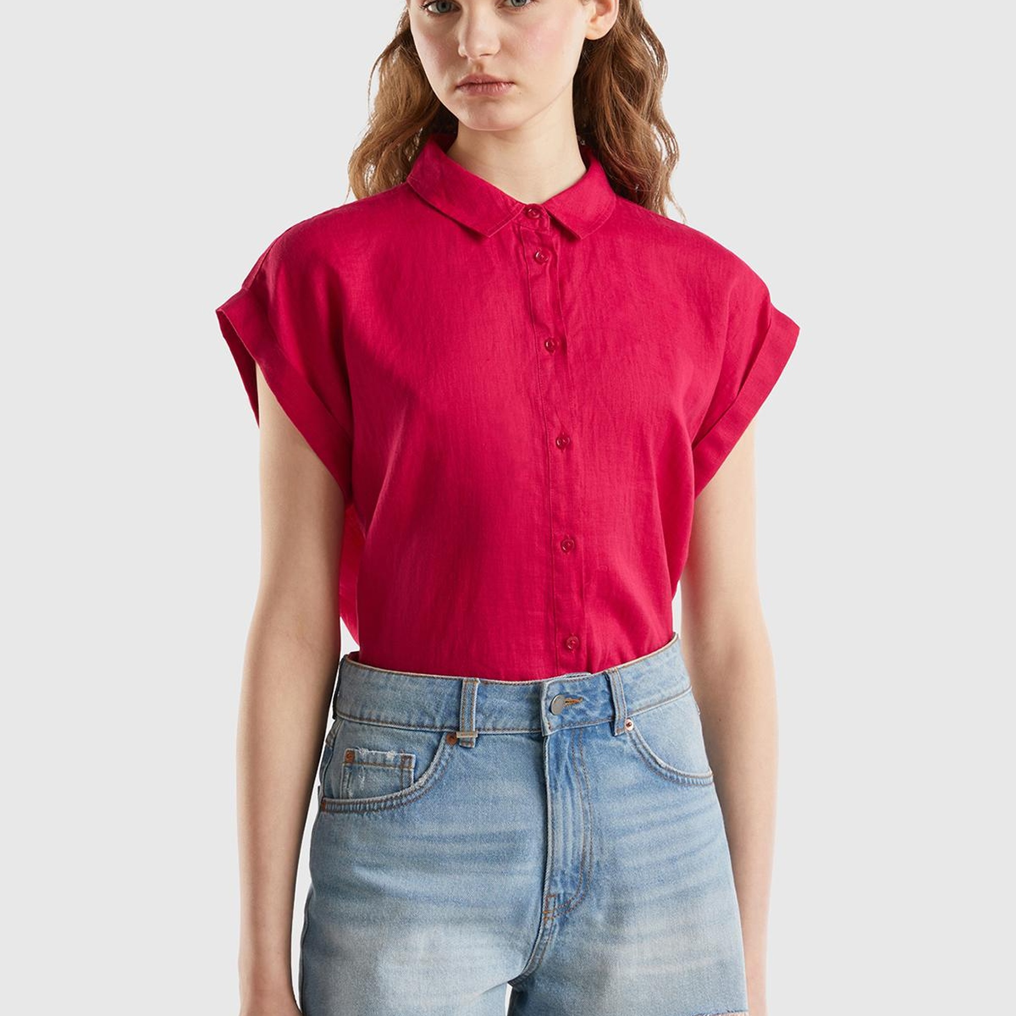 Kadın Fuşya %100 Keten Omuz Detaylı Kısa Kollu Gömlek