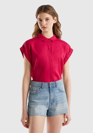  Kadın Fuşya %100 Keten Omuz Detaylı Kısa Kollu Gömlek