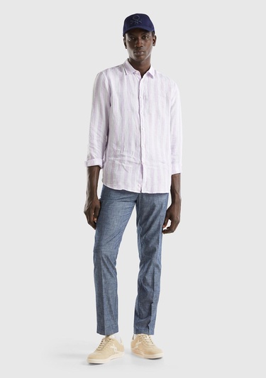  Erkek İndigo %100 Pamuk Önü Pileli 4 Cepli Pantolon