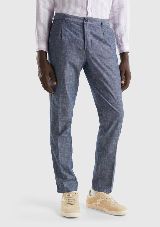  Erkek İndigo %100 Pamuk Önü Pileli 4 Cepli Pantolon