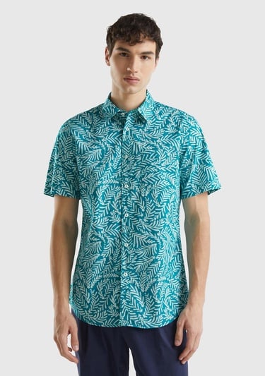  Erkek Yeşil Mix %100 Pamuk Tamamı Baskılı Göğüs Cepli Kısa Kollu Gömlek