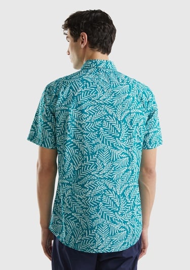  Erkek Yeşil Mix %100 Pamuk Tamamı Baskılı Göğüs Cepli Kısa Kollu Gömlek