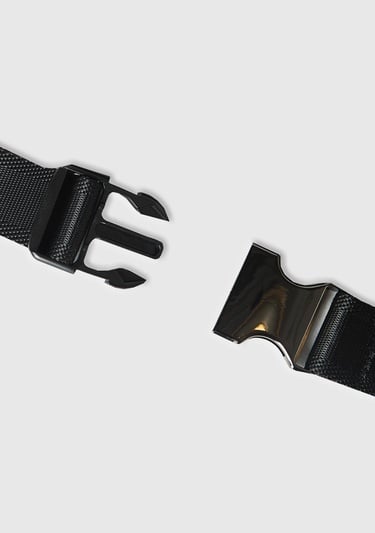  Erkek Siyah Fermuarlı Metal Tokalı Logo Baskılı Bel Çantası