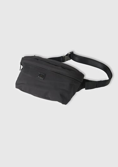  Erkek Siyah Fermuarlı Metal Tokalı Logo Baskılı Bel Çantası