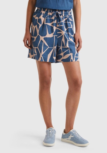  Kadın Lacivert %100 Keten Tamamı Desenli Beli Bağlamalı Şort