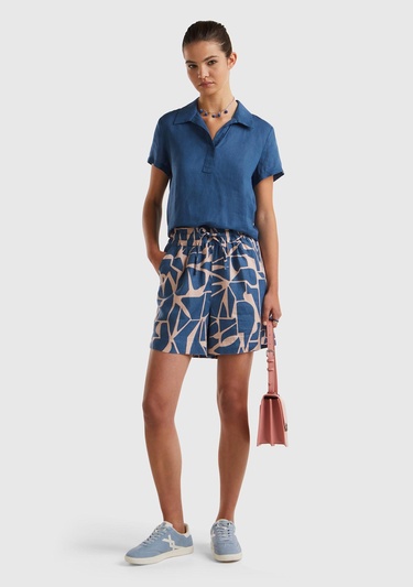  Kadın Lacivert %100 Keten Tamamı Desenli Beli Bağlamalı Şort