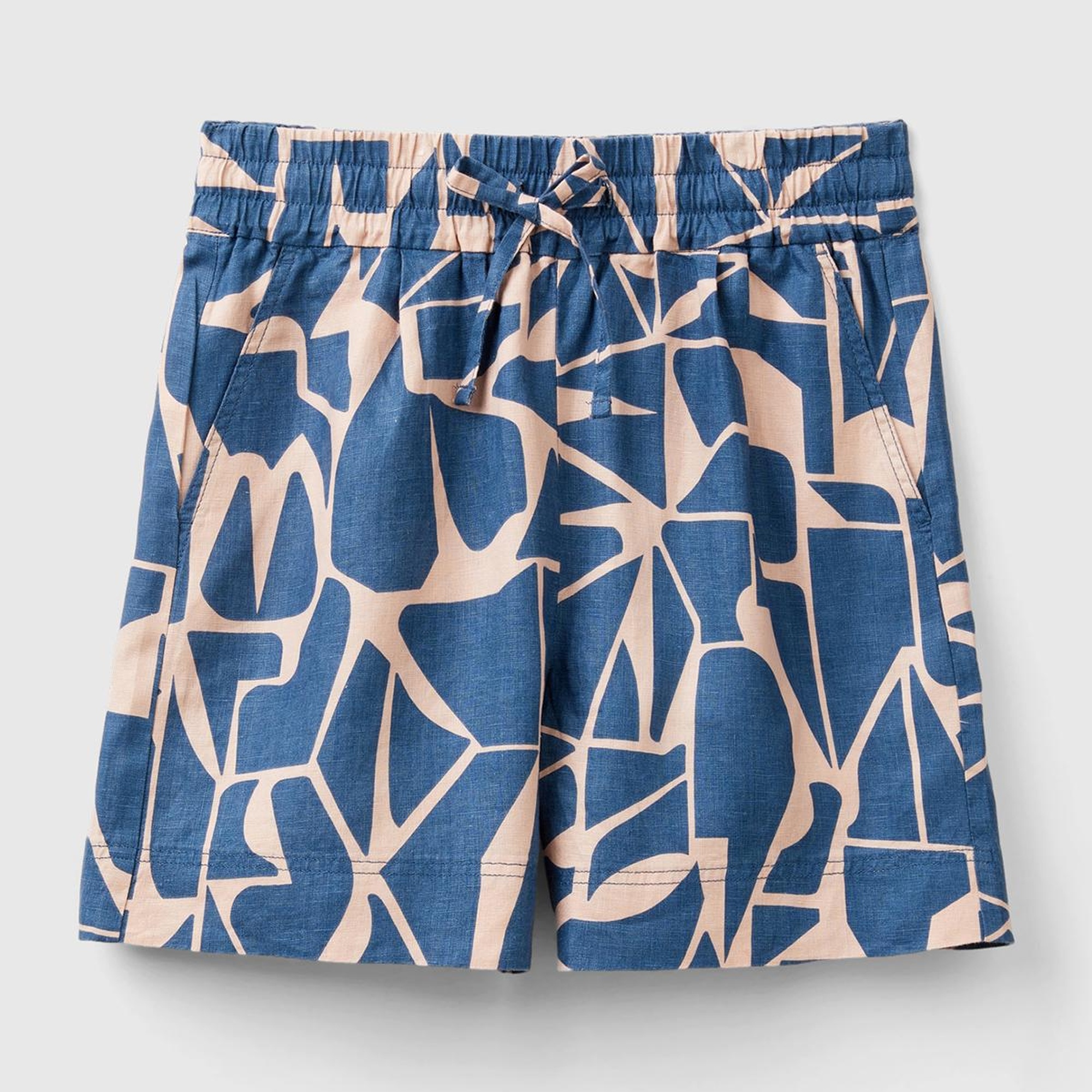 Kadın Lacivert %100 Keten Tamamı Desenli Beli Bağlamalı Şort