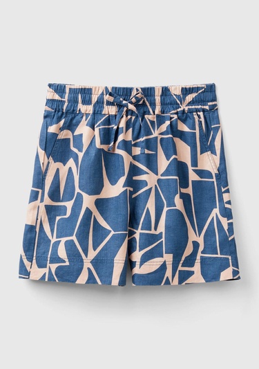  Kadın Lacivert %100 Keten Tamamı Desenli Beli Bağlamalı Şort