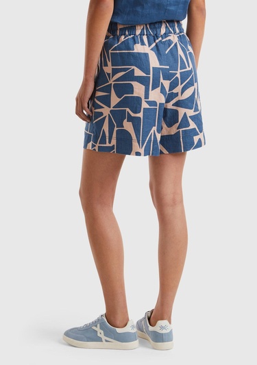  Kadın Lacivert %100 Keten Tamamı Desenli Beli Bağlamalı Şort