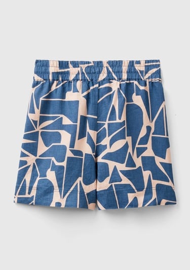  Kadın Lacivert %100 Keten Tamamı Desenli Beli Bağlamalı Şort