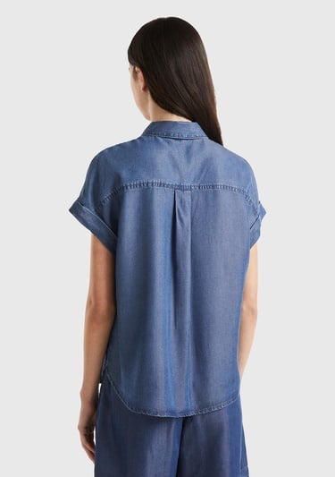  Kadın İndigo %100 Liyosel Arkası Uzun Kısa Kollu Denim Gömlek