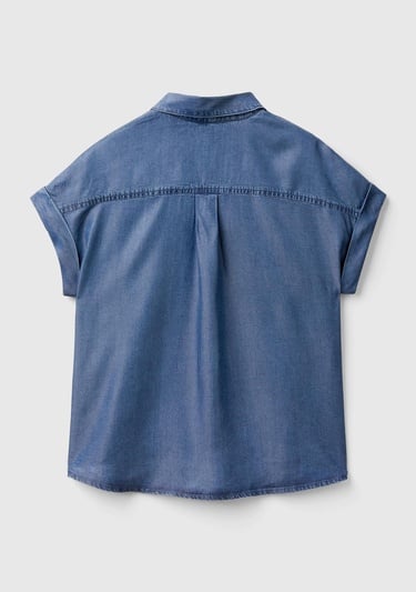  Kadın İndigo %100 Liyosel Arkası Uzun Kısa Kollu Denim Gömlek