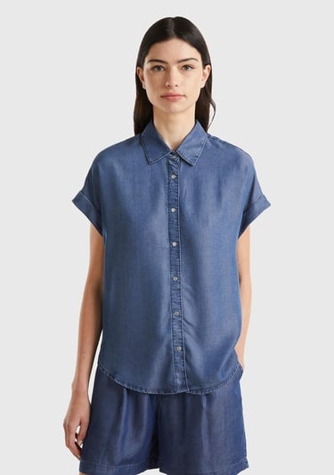  Kadın İndigo %100 Liyosel Arkası Uzun Kısa Kollu Denim Gömlek