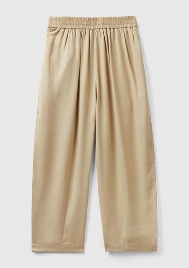  Kadın Bej %100 Liyosel Bol Kesim Beli Lastikli Pantolon
