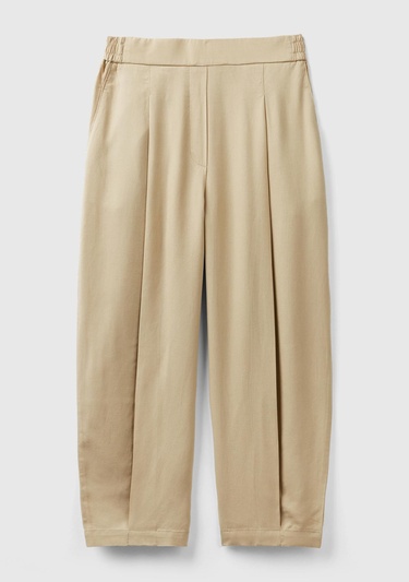  Kadın Bej %100 Liyosel Bol Kesim Beli Lastikli Pantolon