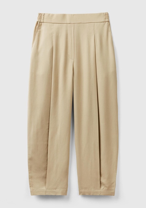  Kadın Bej %100 Liyosel Bol Kesim Beli Lastikli Pantolon