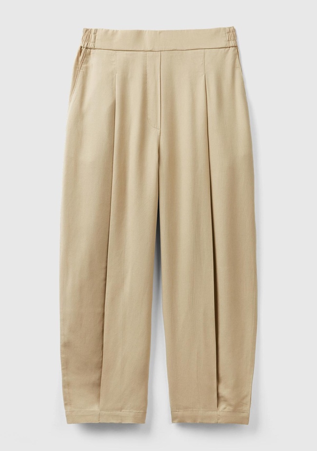  Kadın Bej %100 Liyosel Bol Kesim Beli Lastikli Pantolon