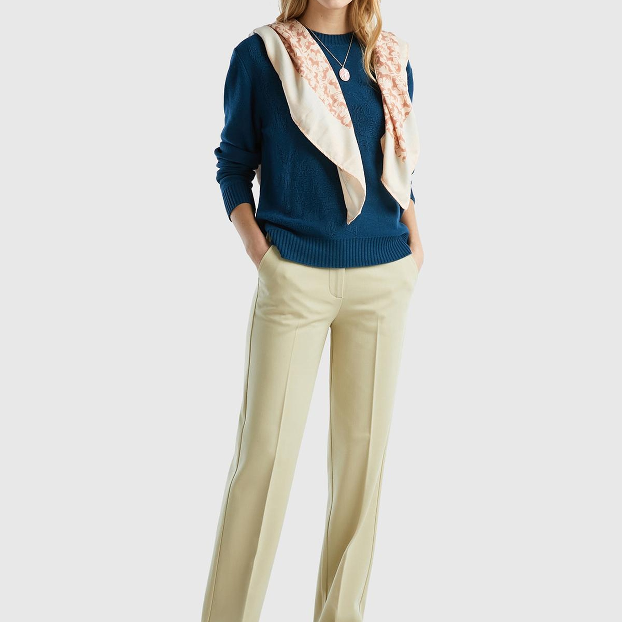 Kadın Bej Viskoz Karışımlı Beli Kalın Bantlı Cepli Pantolon