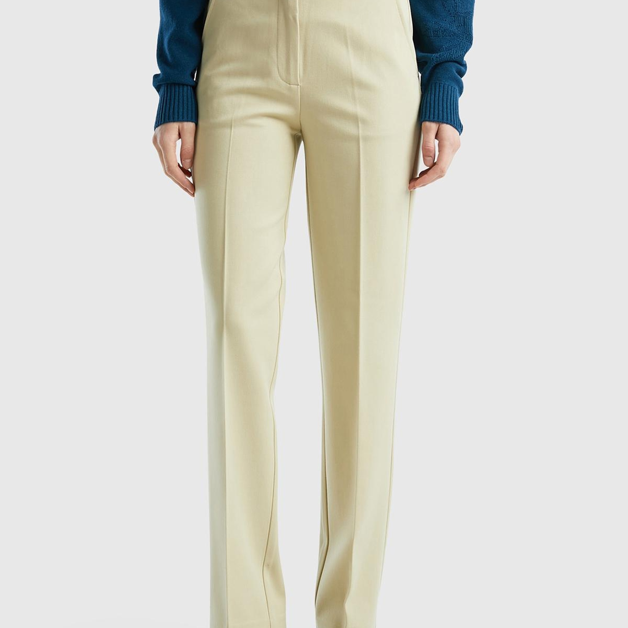 Kadın Bej Viskoz Karışımlı Beli Kalın Bantlı Cepli Pantolon