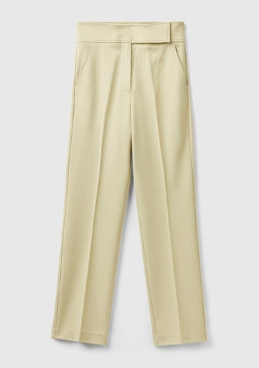  Kadın Bej Viskoz Karışımlı Beli Kalın Bantlı Cepli Pantolon