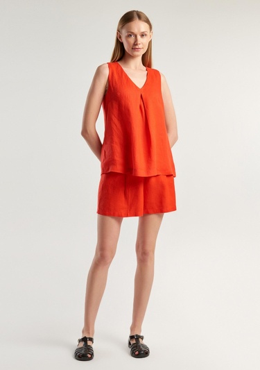  Kadın Kırmızı %100 Keten V Yaka Kolsuz Geniş Kesim Bluz