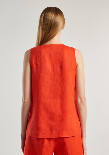  Kadın Kırmızı %100 Keten V Yaka Kolsuz Geniş Kesim Bluz