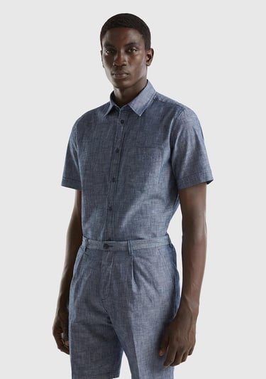  Erkek İndigo %100 Pamuk Göğüs Cepli Kısa Kollu Denim Gömlek