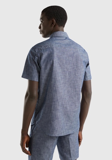  Erkek İndigo %100 Pamuk Göğüs Cepli Kısa Kollu Denim Gömlek