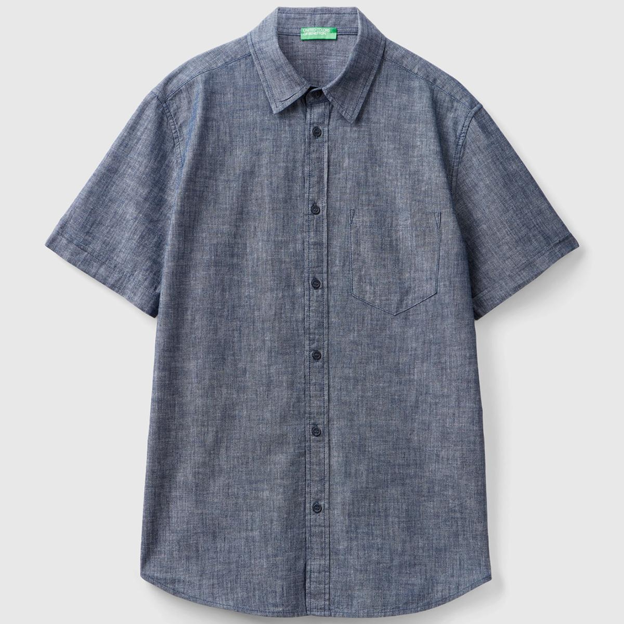 Erkek İndigo %100 Pamuk Göğüs Cepli Kısa Kollu Denim Gömlek