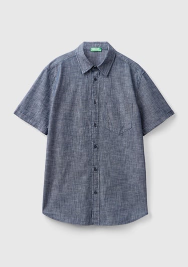  Erkek İndigo %100 Pamuk Göğüs Cepli Kısa Kollu Denim Gömlek