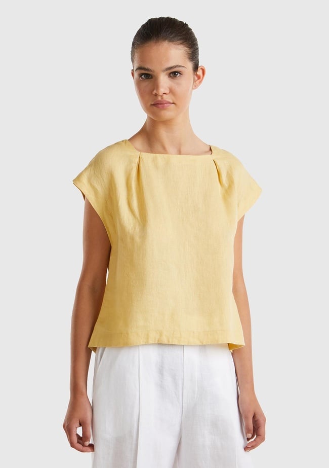  Kadın Açık Sarı %100 Keten Arkası Uzun Kayık Yaka Crop Bluz