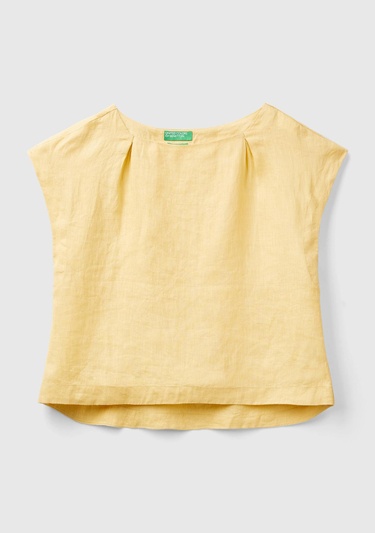  Kadın Açık Sarı %100 Keten Arkası Uzun Kayık Yaka Crop Bluz