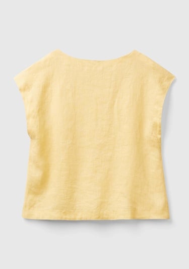  Kadın Açık Sarı %100 Keten Arkası Uzun Kayık Yaka Crop Bluz