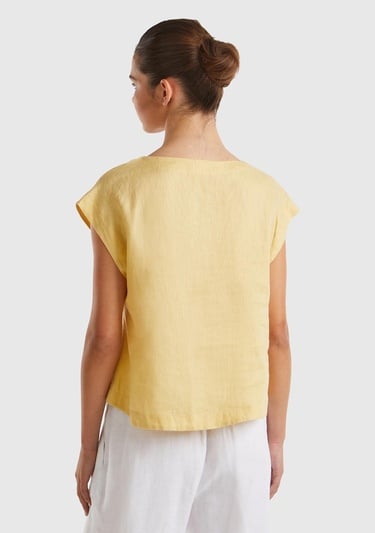  Kadın Açık Sarı %100 Keten Arkası Uzun Kayık Yaka Crop Bluz