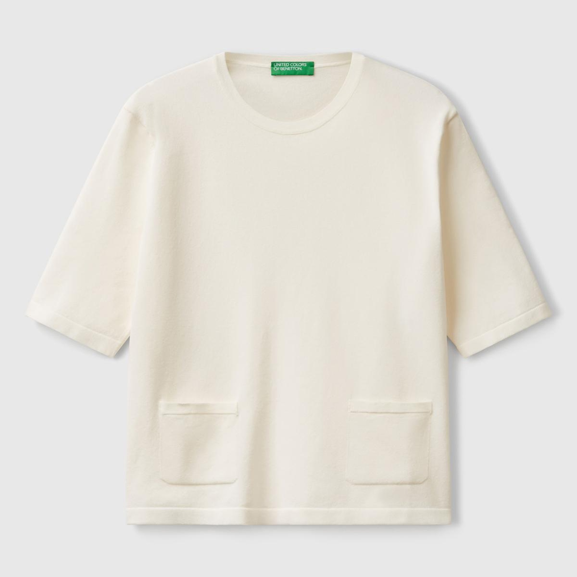 Kadın Krem Streç Kumaşlı Önü Cepli Relax Fit Bisiklet Yaka Kazak