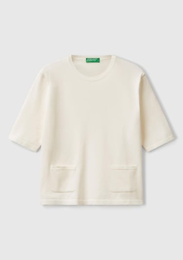  Kadın Krem Streç Kumaşlı Önü Cepli Relax Fit Bisiklet Yaka Kazak