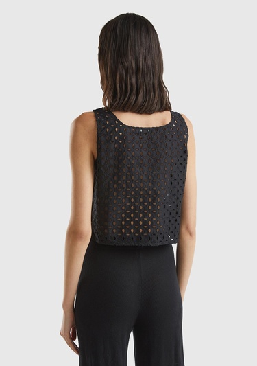  Kadın Siyah Pamuk Karışımlı Tamamı Desenli Yandan Fermuarlı Askılı Bluz