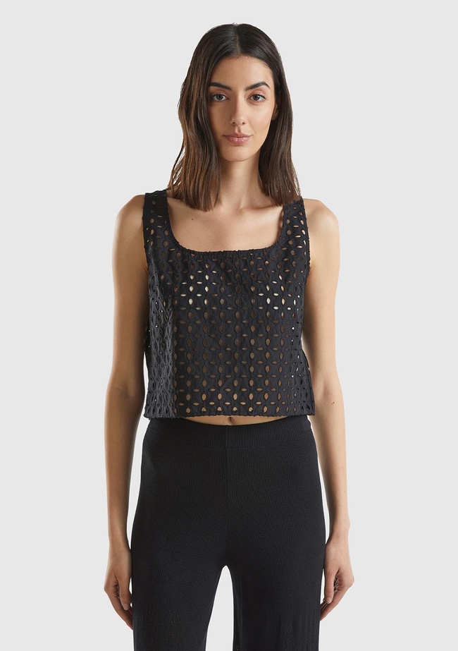  Kadın Siyah Pamuk Karışımlı Tamamı Desenli Yandan Fermuarlı Askılı Bluz