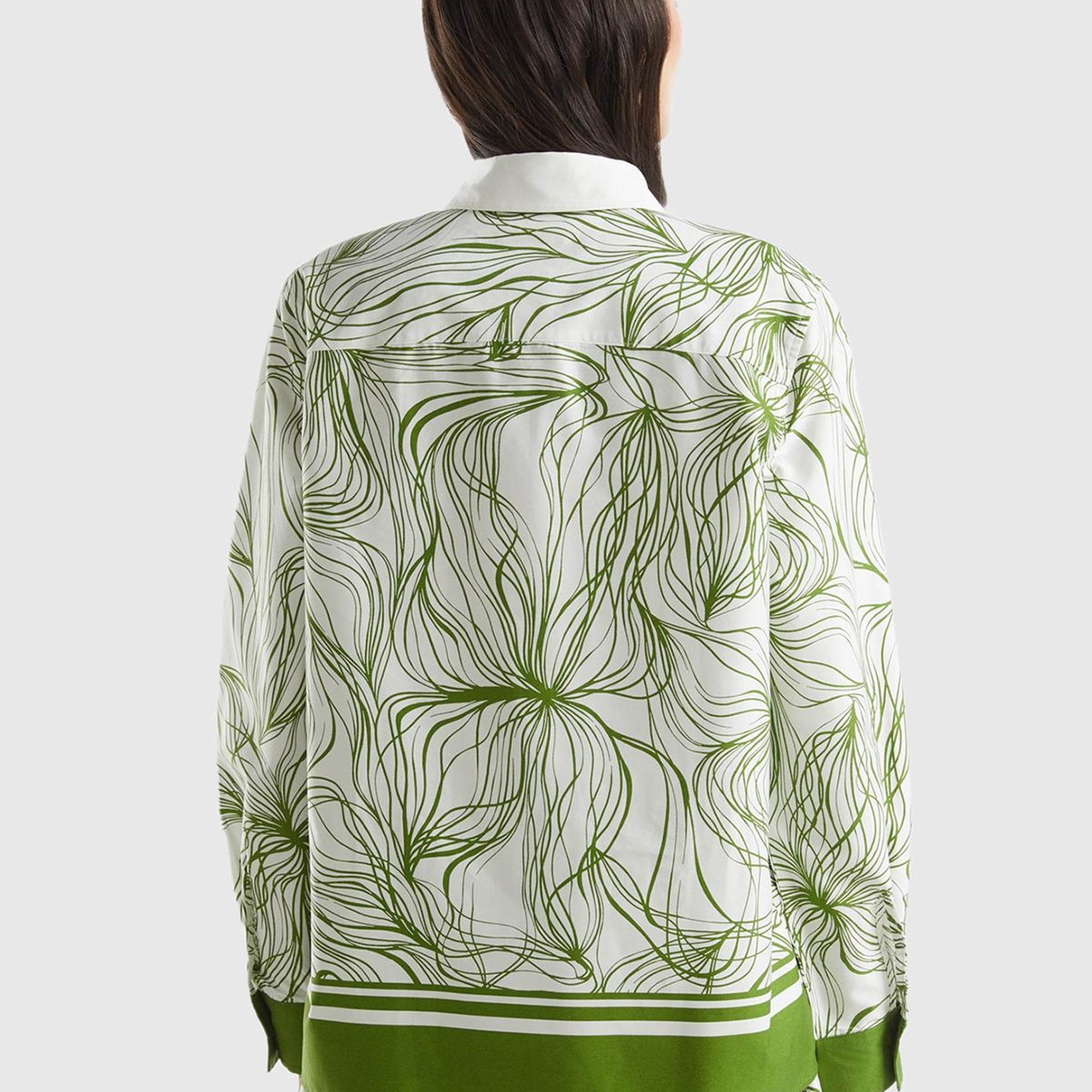 Kadın Yeşil Mix Pamuk Karışımlı Tamamı Desenli Geniş Kesim Uzun Kol Gömlek