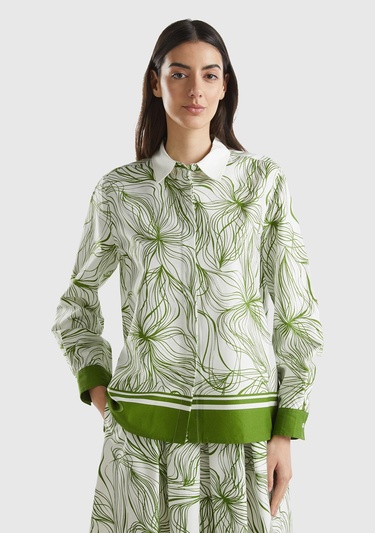  Kadın Yeşil Mix Pamuk Karışımlı Tamamı Desenli Geniş Kesim Uzun Kol Gömlek