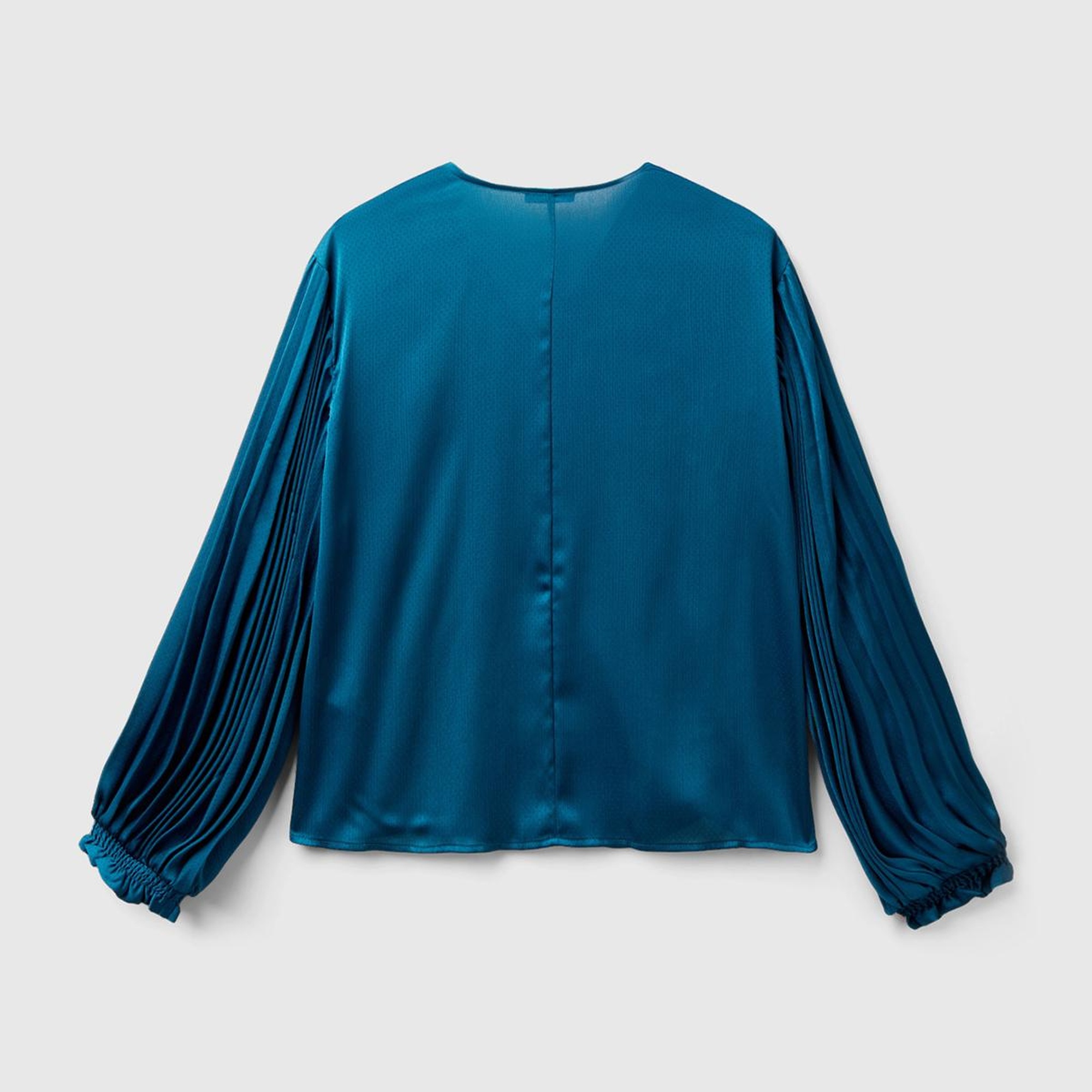 Kadın Petrol Mavisi Kolları Detaylı V Yaka Bluz