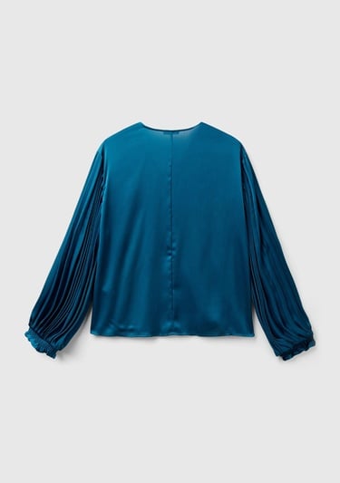  Kadın Petrol Mavisi Kolları Detaylı V Yaka Bluz