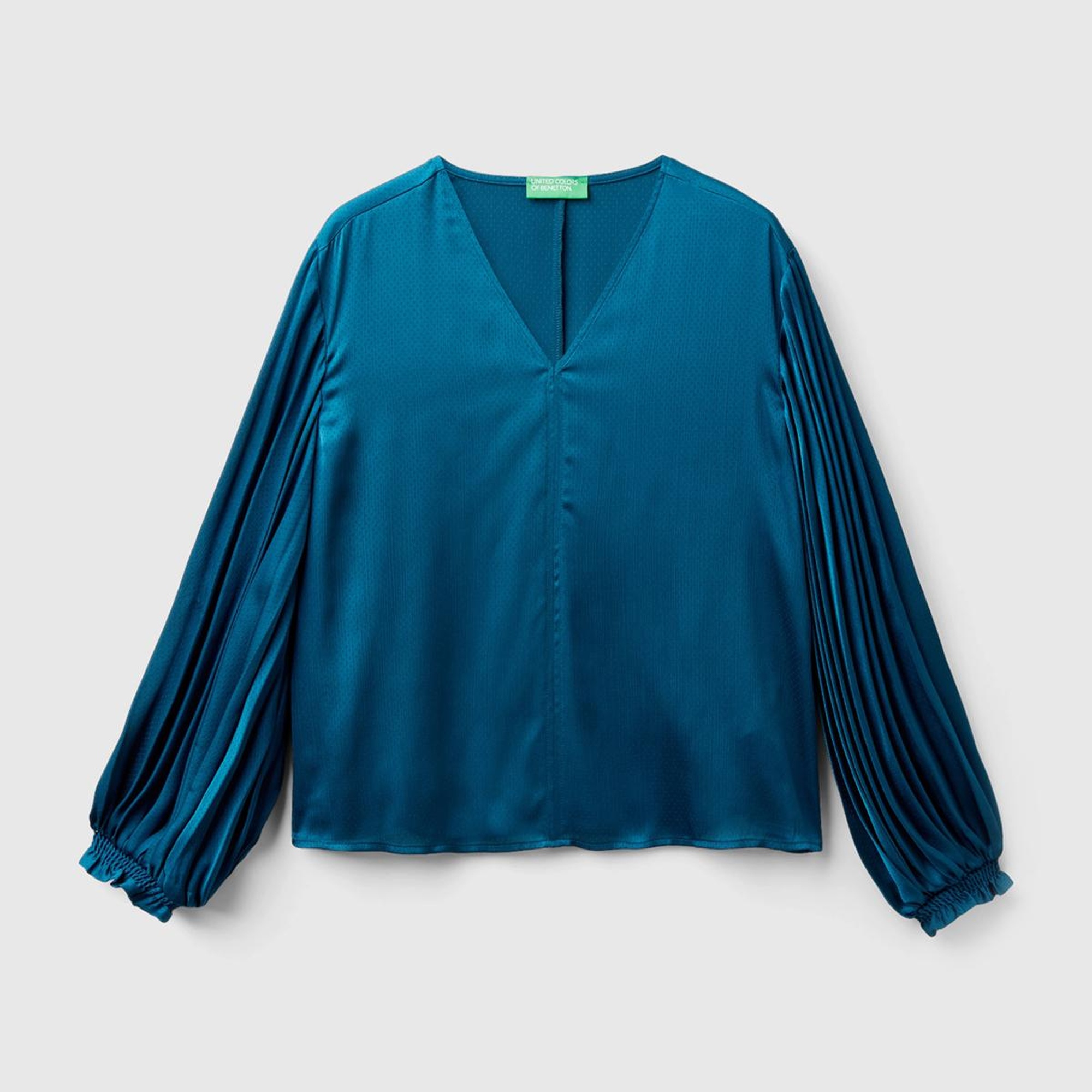 Kadın Petrol Mavisi Kolları Detaylı V Yaka Bluz