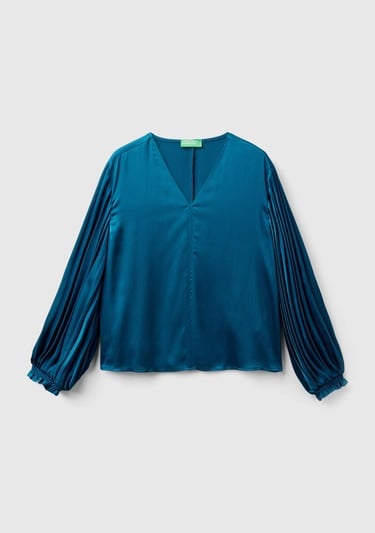  Kadın Petrol Mavisi Kolları Detaylı V Yaka Bluz