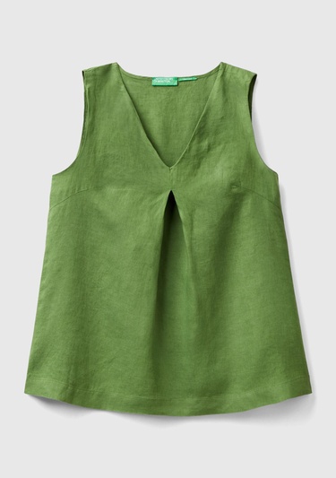  Kadın Soluk Yeşil %100 Keten V Yaka Kolsuz Geniş Kesim Bluz