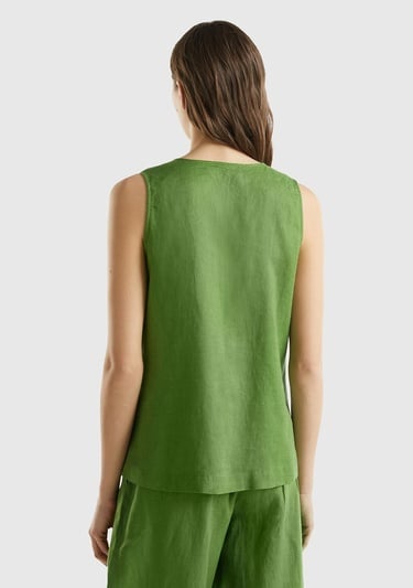  Kadın Soluk Yeşil %100 Keten V Yaka Kolsuz Geniş Kesim Bluz