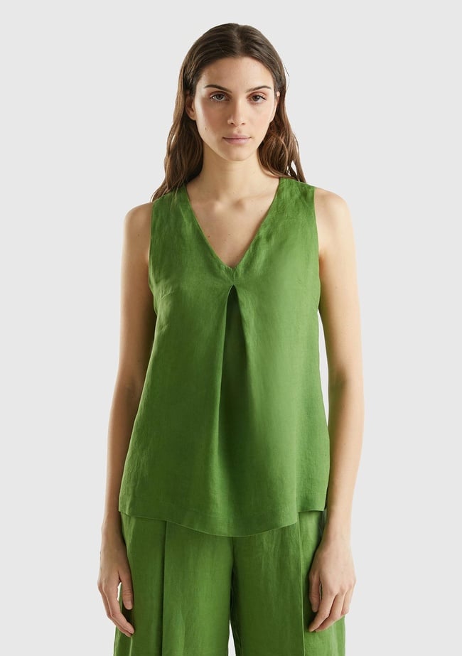  Kadın Soluk Yeşil %100 Keten V Yaka Kolsuz Geniş Kesim Bluz