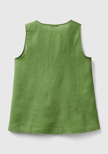  Kadın Soluk Yeşil %100 Keten V Yaka Kolsuz Geniş Kesim Bluz