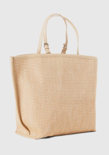  Kadın Vizon Önü Yama Logo İşlemeli Ayarlanabilir Askılı Hasır Tote Çanta