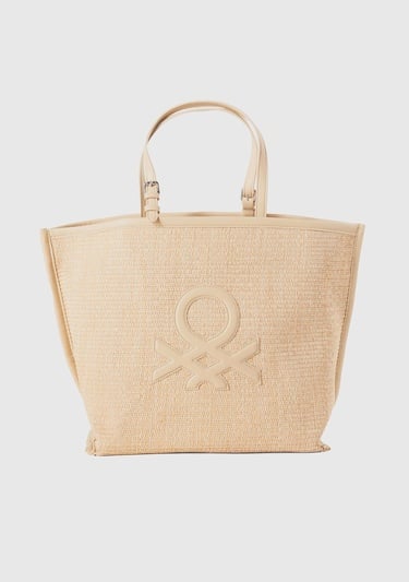  Kadın Vizon Önü Yama Logo İşlemeli Ayarlanabilir Askılı Hasır Tote Çanta
